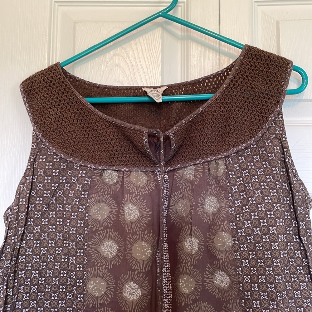 IZOD XL brown tank top-crocheted neckline-beaded tie-mixed coordinating prints